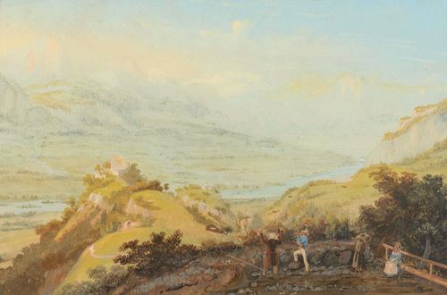 BLEULER, JOHANN LUDWIG (Feuerthalen 1792 - 1850 Schaffhausen).View over the Tabor near Pfäffers in Prättigau, circa 1830. Gouached etching. 32.5 x 48.8 cm. Outer line in black, without engraved title in French. Very fine condition. Rare.