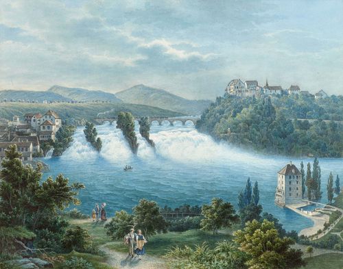 SCHAFFHAUSEN - RHEINFALL.-Anonymous, circa 1850. The Rhine falls at Schaffhausen. Watercolour , 40 x 52 cm. Outer line in black pen. Gold frame.