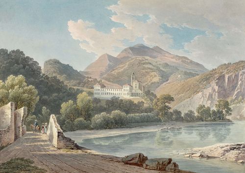 JUILLERAT, JACQUES-HENRI (Münster 1777 - 1860 Bern).Northern Italian landscape with lake and monastery,1830. Watercolour , 24.5 x 34.5 cm. The outer line in black pen. Signed and dated on lower margin in brown pen: Juillerat fecit ano 1830. - Very good condition with fresh colour.