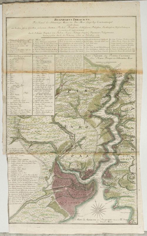 TURKEY - ISTANBUL.-Bosphorus Thracicus. Der Kanal des Schwartzen Meeres oder die Meer Enge bey Constaninopel ... Original coloured engraving. Karte von J. B.von Reben bei Homann Erben, 1764. Inserted title and captions top and left. Printed with 2 plates. 81 x 50.5 cm. TMM IV, 23 (mentioned). - The left edge in lower section cut as far as the outer line. Two horizontal creases, one slightly browned. Overall good impression nevertheless.