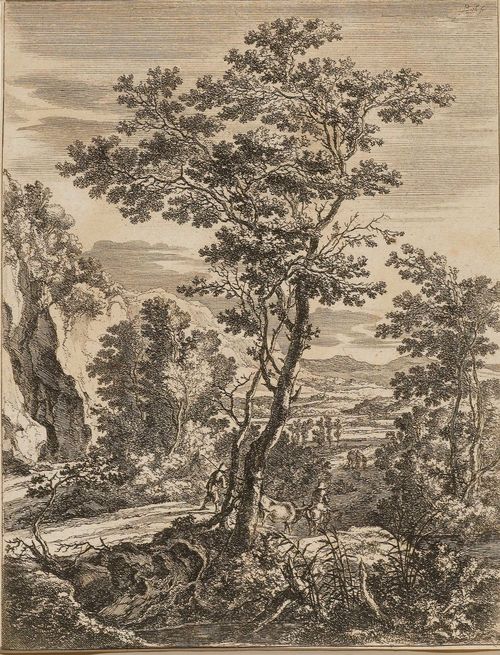 BOTH, JAN (1610 Utrecht 1652).The large tree, 1640. Sheet 3 of the suite: four Italian landscapes. Etching, 26.1 x 20.2 cm. Bartsch 1; Hollstein 1 II (of VI). - Very fine even and dark impression. With small margin around the outer line. Very good condition. - Provenance: Collection of J.M.F.Geissler (1779-1853), Paris, Lugt 1072.