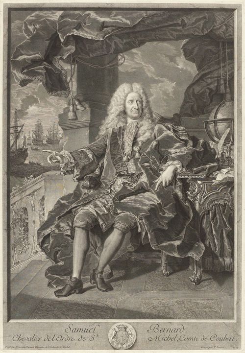 DREVET, PIERRE - IMBERT (1697 Paris 1739).After Hyacinthe Rigaud (1659-1743). Samuel Bernard, chevalier del'Odre de St. Michel, Comte de Coubert, 1729. Engraving , 62.7 x 43.2 cm. - Very fine, strong and even impression. With small margin around the plate edge. With single tears professionally mended. Overall very good and fresh condition. - Provenance: collection of B.Keller (1789-1870), Schaffhausen, Lugt 384. A further unidentified collector's stamp verso; collection of Conrad Baumann v. Tischendorf ; Private collection  Switzerland .