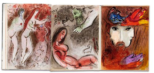 KUNST - Chagall, Marc. La Bible - Dessins pour la Bible. 2 Bde. Revue Verve, Nrn. 33/34 u. 37/38. Paris, Éditions de la Revue Verve, 1956 u. 1960. Fol. Mit zus. 42 farb. u. 35 schwarz-weissen Or.-Lithographien sowie 2 weiteren farb. Or.-Lithographien für die Umschläge v. Marc Chagall. 2 Or.-Kart.-Bde. (Ecken u. Kanten mit geringen Läsuren, Rücken minim eingerissen u. berieben, vord. Gelenk Bd.1 gelöst).