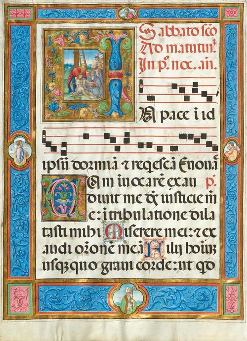 BOSSI, BARTOLOMEO DI GIOVANNI (Bologna, doc. 1484 - November 9, 1514) Antiphonary sheet with large pictorial initial I (n pace in idipsum dormiam... Samstag vor Ostern) of the mourning for Christ, and a smaller, floral initial C, Bologna at or about 1514, vellum. 75 x 55 cm. Genuine gold frame.