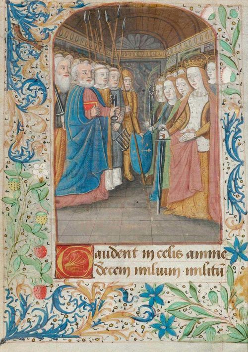 FRENCH Bourges or Paris, ca. 1490-1500. Sheet from a book of hours with the depiction of All Saints. INITIAL G (audent in celis omne decem milium militum...) Vellum. 19 x 13 cm. Framed.