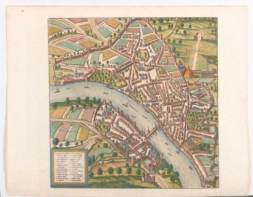 BASEL.-Braun and Hogenberg, ca. 1590. Basilea. Bird's eye view. Col. copperplate, 37 x 37.5. Very good condition.