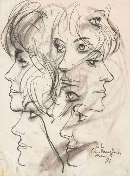 COMENSOLI, MARIO (Lugano 1922 - 1993 Zurich) Portrait study. 1985. Charcoal on paper. Dedicated lower right. Signed and dated: Mario. 85. 46 x 36 cm.