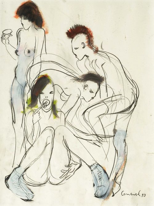 COMENSOLI, MARIO (Lugano 1922 - 1993 Zurich) Four female nudes. 1990. Mixed media on paper. Signed and dated lower right: Comensoli 90. 47 x 35 cm (image).