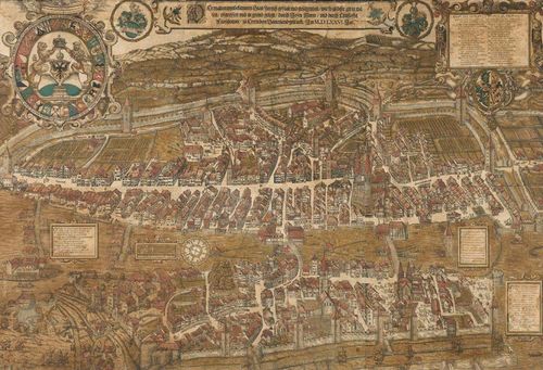 ZÜRICH.-Jos Murer (Zürich 1530 -1580 Winterthur). Plan of the city of Zürich in 1576. "Der uralten wytbekannten Statt Zurych gestalt und gelaegenhait / wie sy zuo diser zyt in waesen / ufgerissen und in grund gelegt / durch Josen Murer / und durch Christoffel Froschaower / zuo Eeren dem Vatterland getruckt / Im M.D.LXXVI. Jar." Woodcut with old colouring, printed in 6 parts, ca. 1670 to 1700. Size overall: 88 x 131 cm (visible dim.). Genuine gold frame. Fully mounted on canvas. Old restorations to several tears and pinholes. Older, inconspicuous repair to lower left corner. Evenly browned. Despite these, very good general appearance. Very rare. Literature: Dürst, Arthur: Die Planvenute der Stadt Zürich von Jos Murer, 1576. In: Cartographica Helvetia 15 (1997), pp. 23-37