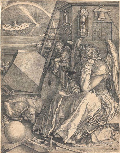 DÜRER, ALBRECHT (1471 Nuremberg 1528). Melancholy (Melencolia I), 1514. Copperplate. Bartsch 74; Meder 75 II f (of f); Schoch/Mende/Scherbaum 71. Trimmed mainly up to the depiction. Mounted. Upper left and lower right corner repaired. Several tears with old restoration. Brown stain in centre of depiction. Nevertheless good overall appearance. 24.1 x 18.6 cm.