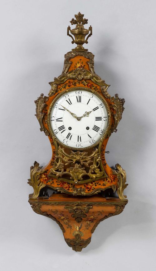 PAINTED CLOCK ON BASE,Louis XVI, Neuchâtel, ca. 1780. Wood, painted with flowers on a brown ground. Chased brass mounts. White enamel dial. Movement with anchor escape, striking the 1/4-hour on 2 bells. H 102 cm. Requires some servicing.