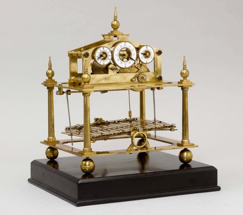 ROLLING BALL CLOCK,after a design by William Congreve, England, 20th century. Brass. Skeleton case with 3 enamel dial rings.  On a blackened wooden base, case is glass-covered on all sides. 31x28x43 cm.