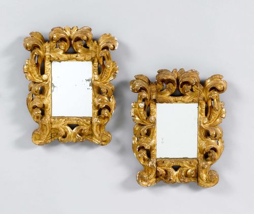PAIR OF SMALL MIRRORS,Baroque, Italy, 18th century. Wood, carved and gilt. Rectangular, pierced frame decorated with leaves. 40x33 cm. Carved and re-assembled.