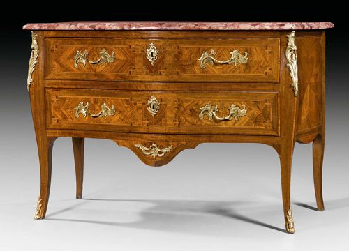 COMMODE,late Louis XV, probably Montbeliard, 18th/19th century. Tulipwood and rosewood "en papillon", inlaid with reserves and fillets. Bronze mounts and sabots. Shaped, pink/gray speckled marble top. 134x64x90 cm.