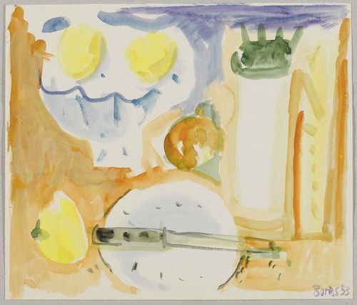 BORES, FRANCISCO (Madrid 1898 - 1972 Paris) Nature morte. 1953. Watercolour on paper. Signed and dated lower right: Borès 53. 28.5 x 32.5 cm.