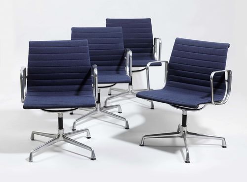 RAY & CHARLES EAMES (1907 - 1978) (1912 - 1988) SERIES OF 4 VISITOR CHAIRS, "Alu-Chair EA108" model, designed in 1958 for Vitra Aluminium and blue fabric. The bottom labelled Vitra and numbered.