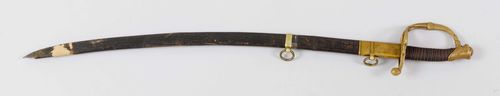 OFFICER'S SABRE, 1842/52 Swiss Ordnance. Brass hilt. Handle with snakeskin and copper wire. Single-edged blade signed "Wester & Co. Solingen". Leather sheath with 2 carrying rings. Boot missing. L 105.5 cm.