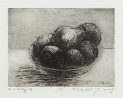 BOUSSIDN, YAAKOV (Port Said/Egypt 1939 lives and works in Tsur Hadassah/Israel) Still life of fruits. 1972. Etching. 1/30. Signed lower right: Y. Boussidan, also illegibly inscribed and dated lower right in the plate: entitled lower left: Fr. Still life. Image 22.5 x 30 cm on wove paper.