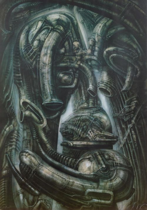 GIGER, H.R. (Chur 1940 - 2014 Zurich) 2 sheets.: Untitled. Lot of 2 colour silk screens. 50/170 and 154/170. Each signed lower right: Giger. Sheet size 89 x 68 cm on wove paper. In original frame.