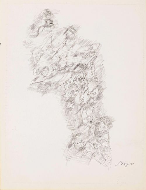 BRYEN, CAMILLE (Nantes 1907 - 1977 Paris).Lot of 2 drawings: 1. Composition abstraite. Pen in grey, 32.1 x 24.5 cm. Signed lower right in black pen: Bryen. With blind stamp: Atelier Bryen. 2. Composition abstraite. Black pen on green board. 43.2 x 31.8 cm.
