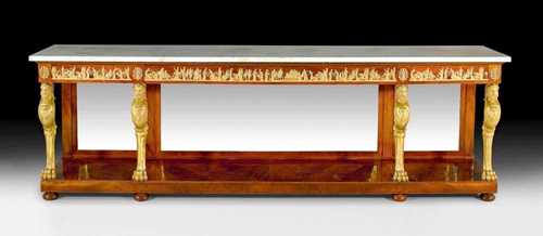 IMPORTANT MAHOGANY CONSOLE &quot;A LA TETE D&#39;HERCULE&quot;,Empire, after designs by C. PERCIER (Charles Percier 1764-1838) and P.F. FONTAINE (Pierre Fran&#231;ois Fontaine, 1762-1853), attributed to F.H.G. JACOB-DESMALTER (Fran&#231;ois Honor&#233; Georges Jacob-Desmalter, 1770-1841), Paris circa 1810. With a &quot;Carrara&quot; top above 4 chimaera supports with the head of Hercules. Four drawers at the front. Decorated with exceptionally rich matte and polished gilt bronze mounts and applications. 300x60x93 cm. Provenance: - According to an invoice, formerly in the collection of the Duchesse de Valen&#231;ay. - Galerie Aveline, Paris. - from a European private collection.