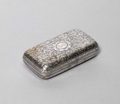 SMALL CASE, probablyMoscow ca. 1874. Rectangular with rounded corners. Niello decoration. The front with cartouche, crown monogram and dedication. The inside gilt. 12.5 x 6.5cm, 150 g.