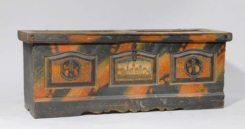 PAINTED CHEST,probably Southern German, ca. 1800. Pinewood, painted with garlands, flowers, a cityscape, and  in part painted faux-marble. Rectangular body with hinged cover. 136x44x52 cm. Paint, rubbed. Lid with a crack and some alteration.