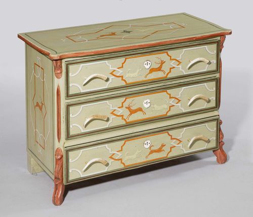 PAINTED CABINET,Louis-Philippe. Wood, painted with deer and dogs on a green ground. Rectangular body on scrolled feet. Front with 3 drawers. Horn handles. 103x52x78 cm. Paintwork, not original.