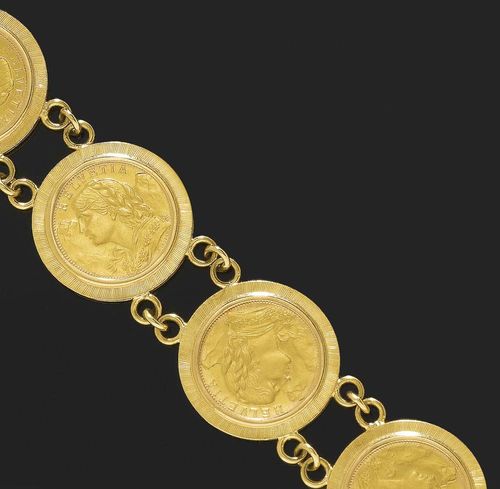 COIN BRACELET, ca. 1950. Yellow gold 750, 75g. Decorative bracelet of six 20 Francs Vreneli, from 1927 to 1947, in plain settings, connected by a double chain row. L ca. 20 cm.