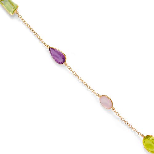 GEMSTONE NECKLACE. Silver, gold-plated with pink gold. Casual, long anchor chain, set with 13 gemstones in different shapes and colours, such as citrines, amethysts, lemon quartzes, rock crystals and topazes. L ca. 114 cm.