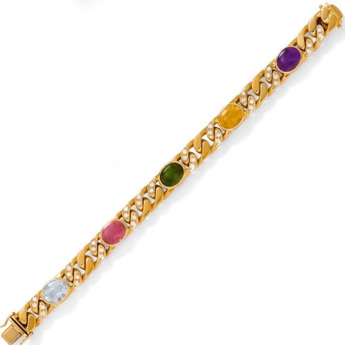 GEMSTONE AND DIAMOND BRACELET. Yellow gold 750, 66g. Casual-elegant bracelet set with 1 oval, blue topaz, 1 pink and 1 green tourmaline, 1 citrine, and 1 amethyst of ca. 11 x 9 mm, and additionally decorated with 40 brilliant-cut diamonds weighing ca. 1.12 ct. L ca. 18 cm. With copy of the insurance estimate.
