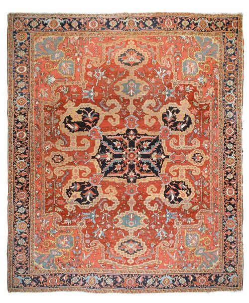HERIZ antique.Red central field with a black central medallion, typically patterned, signs of wear, 350x300 cm.
