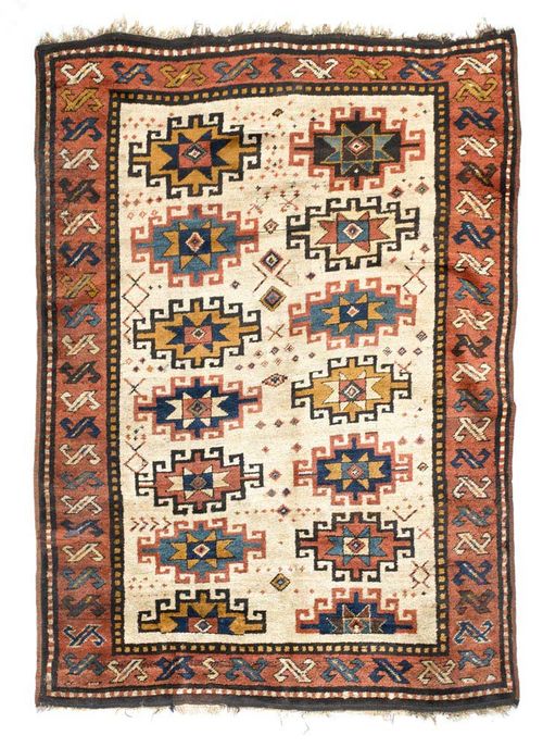 ZAKATA antique.Beige central field with two gul rows, rust coloured border, slight wear, 210x150 cm.