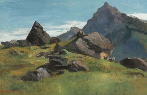 BERTHOUD, AUGUSTE HENRI (Paris 1829 - 1887 Neuchâtel) Mountain landscape. Oil on canvas. Signed lower left: A. H. Berthoud. 54 x 81.5 cm.