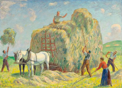 BOSS, EDUARD (Muri 1873 - 1958 Bern) Hay harvest. 1933. Oil on canvas. Signed and dated lower left: E Boss. 33. 65 x 90 cm.