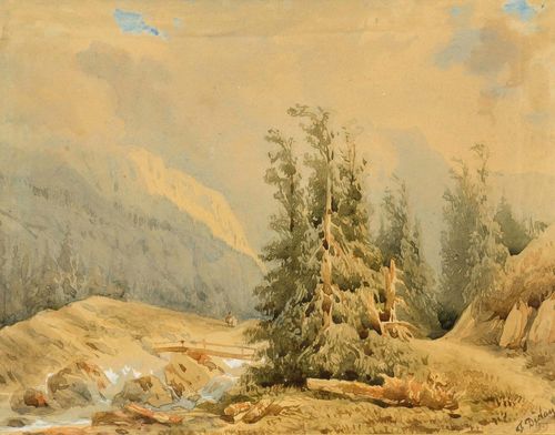 DIDAY, FRANCOIS (1802 Geneva 1877) Mountain landscape. Watercolour on paper. Signed lower right: F. Diday. 14.5 x 18 cm (image).