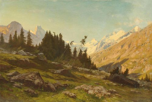 GEISSER, JOHANN JOSEPH (Altstätten 1824 - 1894 Lausanne) Mountain landscape. Oil on canvas. Signed lower left: J. Geisser. 81.5 x 120 cm.