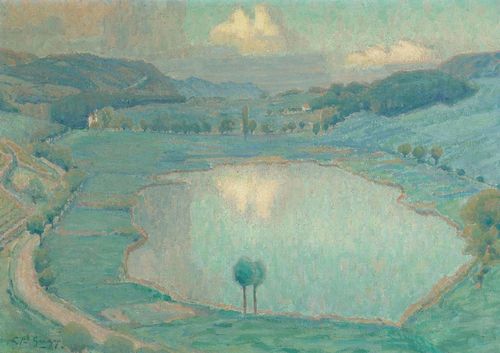 GUGY, CHARLES LEOPOLD (Fleurier 1881 - 1957 Gland) Lake landscape, St. Blaise. Oil on canvas. Signed lower left: Cpd Gugy. 65 x 92 cm.