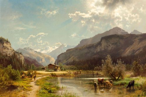 HERZOG, HERMANN (Bremen 1832 - 1932 Philadelphia) Mountain landscape. 1862. Oil on canvas. Signed and dated lower left: H. Herzog. 1862. 85 x 128 cm.