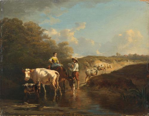 HUMBERT, CHARLES (1813 Geneva 1881) Pair of herders with animals at the waterside. 1850. Oil on panel Signed and dated lower right: ch s. Humbert. 1850. 31.5 x 40.5 cm.