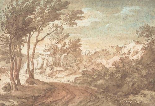 ITALIAN 17TH CENTURY Hilly landscape with walkers on a path. Pen and brush in brown, with colour wash. Verso old inscription: Claude Gellée gen. Lorrain. Two old collector's stamps (unidentified) lower right. 29 x 41.2 cm. Framed.