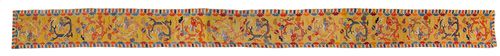 A WOOL RUNNER WITH POLYCHROME DRAGON MEDALLIONS ON AN OCHRE GROUND. Tibet, ca. 1920, 340x55 cm. Some wear.