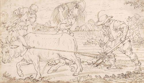 SETTI, ERCOLE (1530 Modena 1617) Peasants ploughing with oxen and workers harvesting grain. Black chalk und Brown pen. 19.2 x 33.1 cm. Framed. The attribution to Ercole Setti was made by Mario di Giampaolo Provenance: - Peter Vischer-Sarasin (1751 - 1823), Basel (Lugt 2115). - Christie's, Paris, 18. March 2004, Lot 52. - Swiss collection.
