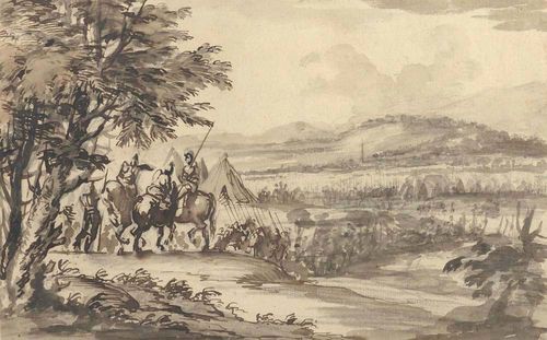 ITALIAN, 17TH CENTURY Landscape with procession of riders and camp. Pen and brush in brown over black chalk. Verso two old collector's stamps (not in Lugt). 19.5 x 30.5 cm. Framed.