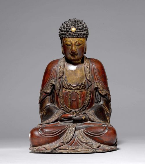 A RED-, BLACK- AND GILT-LACQUERED WOOD FIGURE OF A MEDITATING BUDDHA. Ming style, but later, Height 47.5 cm.
