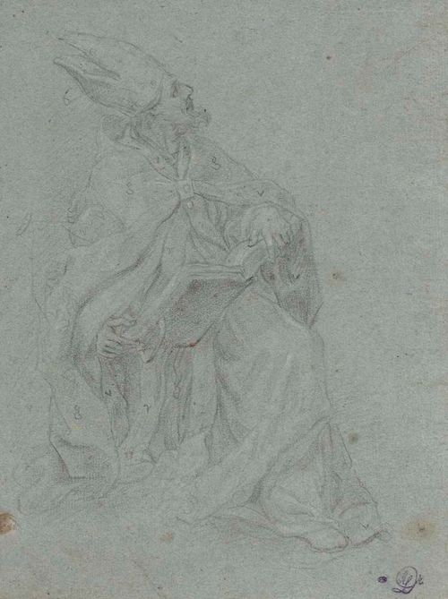 ROMAN, 17TH CENTURY Bishop kneeling with open book. Verso further studies. Charcoal on blue-grey wove paper. Two old collector's stamps lower right (not in Lugt). 20.5 x 27.2 cm. Provenance: - Licht collection