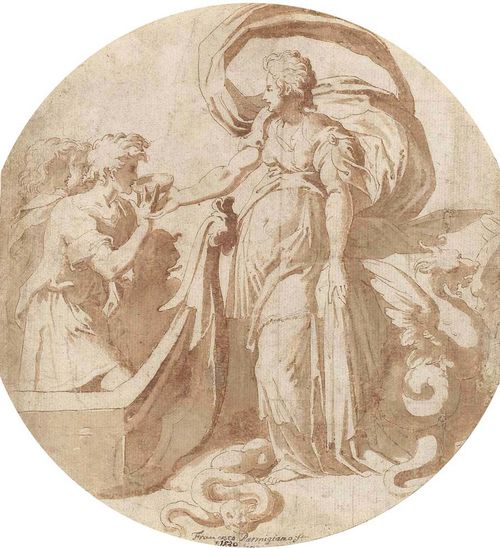 PARMIGIANINO (GIROLAMO FRANCESCO MAZZOLA) (Parma 1503- 1540 Casalmaggiore), after Circe gives Odysseus a beaker with the magic drink. Brown pen, with brown wash. Old inscription on lower margin with grey pen.: Francesco Parmigiano ft.. 1530. Verso stamped: M in circle (not in Lugt). 23.5 x 22 cm