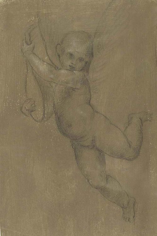 LOMBARDY, CIRCA 1530/50 Putto playing music on a mandolin. Black chalk, heightened in white on wove paper with brown primer. 24 x 16 cm. Framed.