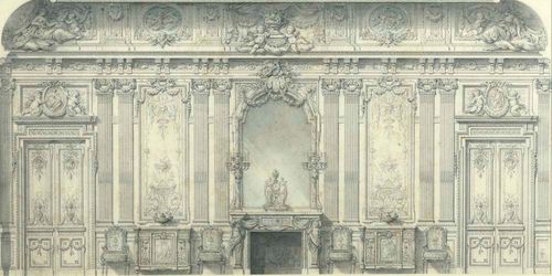 MONOGRAMMIST P.E. (active in 19th century) Wall and room decoration in Louis XVI style. Black chalk, with partial light colouring. Monogrammed centre bottom and right: PE. Dated: 1837. 46.5 x 94 cm. Framed.