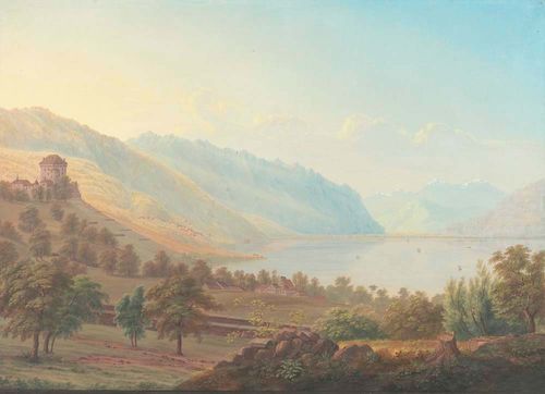 BLEULER, JOHANN LUDWIG (Feuerthalen 1792 - 1850 Schloss Lauffen), circle of.View of Lake Geneva. Gouache, 48 x 68 cm. Within black pen line and brown gouache margin. Gold frame. - Very good condition.